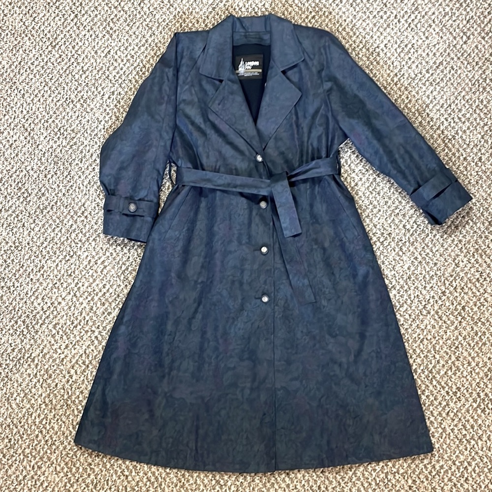 Vintage 90s London Fog Floral Belted Trench Coat - Muted Blue